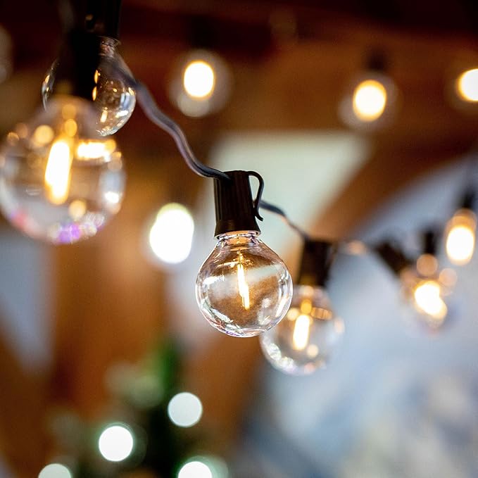 Novelty Lights 50 Feet G40 LED Patio String Lights with 50 Bulbs, Warm White, Weather Resistant and Shatterproof Replaceable Plastic Globe Bulbs, Black Wire
