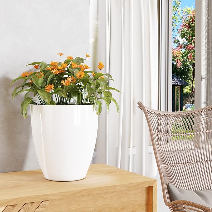 QCQHDU Plant Pots Set of 2 Pack,10 Inch Plant Pot for Indoor and Outdoor Plants with Drainage Hole,Flower Pots Modern Decorative Planter for Garden Plants (White)
