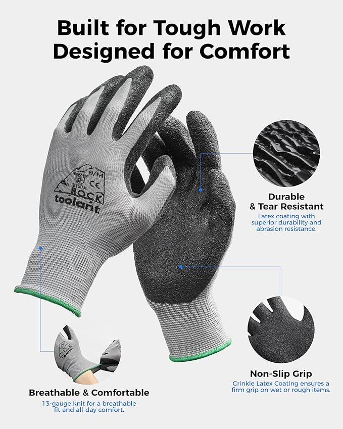 toolant Crinkle Latex Work Gloves Bulk, Rubber Coated Safety Work Gloves for Men and Women, 120 Pairs for Construction, Gardening, Warehouse (Gray, XL)