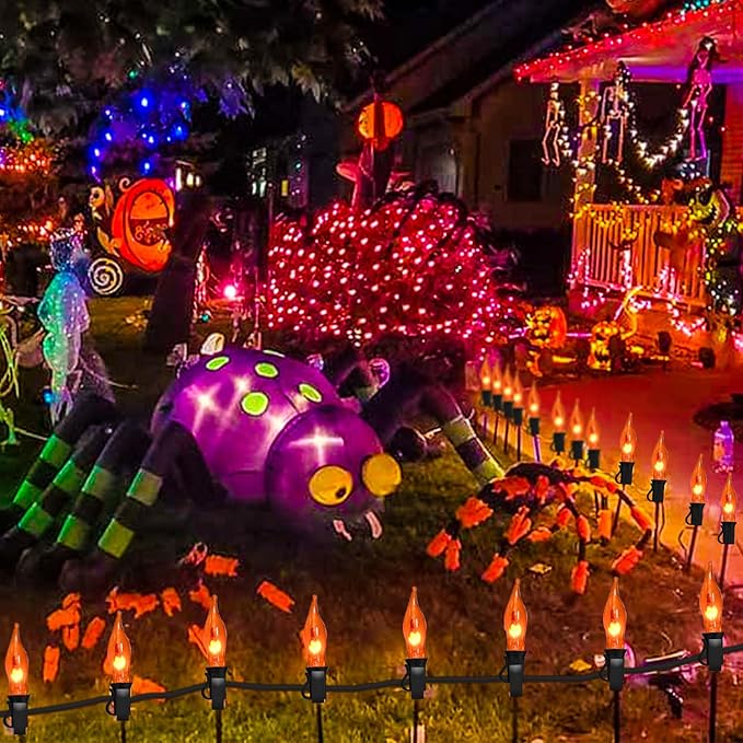 27.8Ft Flickering Flame String Lights Orange Halloween Lights with 25 Pack C7 Orange Flame Light Bulbs, Orange Flame String Lights for Halloween Decorations for Home Party Yard (2 Spare Bulbs)