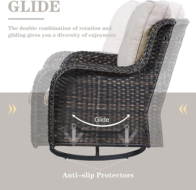 Outdoor Patio Furniture Set with 50000BTU Propane Fire Pit Table, 4 Pieces Wicker Patio Conversation Set with 2 Swivel Rocker Glider Chairs Rattan Sofa Beige Cushion Perfect for Gathering