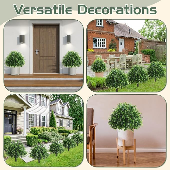 Yunlly 6 Pcs 18 Inch Artificial Boxwood Ball Topiary Tree Fake Outdoor Plants Bush, UV Resistance Faux Shrubs with Spike Realistic Greenery Potted for Indoor Garden Yard Porch Patio Decor (Green)
