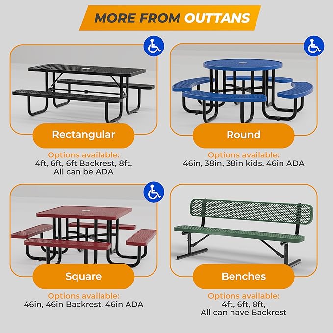 Metal Picnic Tables for Outdoors with Umbrella Hole - Coated Steel Heavy Duty Commercial Grade Table with Adjustable Seats (Red, 46 in, Square with Back, Expanded Steel)