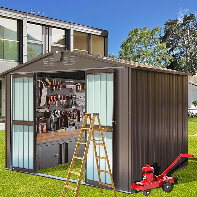 Domi Outdoor Storage Shed 10' x 8’, Metal Garden Shed with Galvanized Steel Frame for Bike, Tools, Lawn Mowers, Pool Toys, Outdoor Storage Cabinet with Lockable Door for Garden Lawn Patio (Dark Brown)