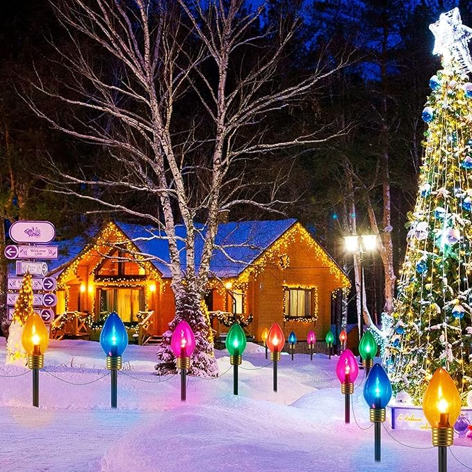 Minetom Jumbo Christmas Pathway Lights Outdoor with Marker Stakes, 10.5 Ft 5 LED C9 Shaped Christmas Lights Multicolored Giant Bulb String Lights, for Holiday Walkway Driveway Garden Yard Decoration