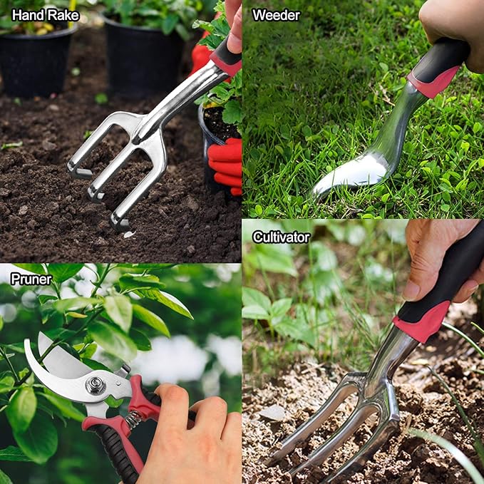 Garden Tools Set 83 Piece Succulent Tools Set Included, Heavy Duty Aluminum Gardening Tools for Gardening, Ergonomic Handle Tools, Storage Tote Bag, Gifts Tools for Men Women (Red)