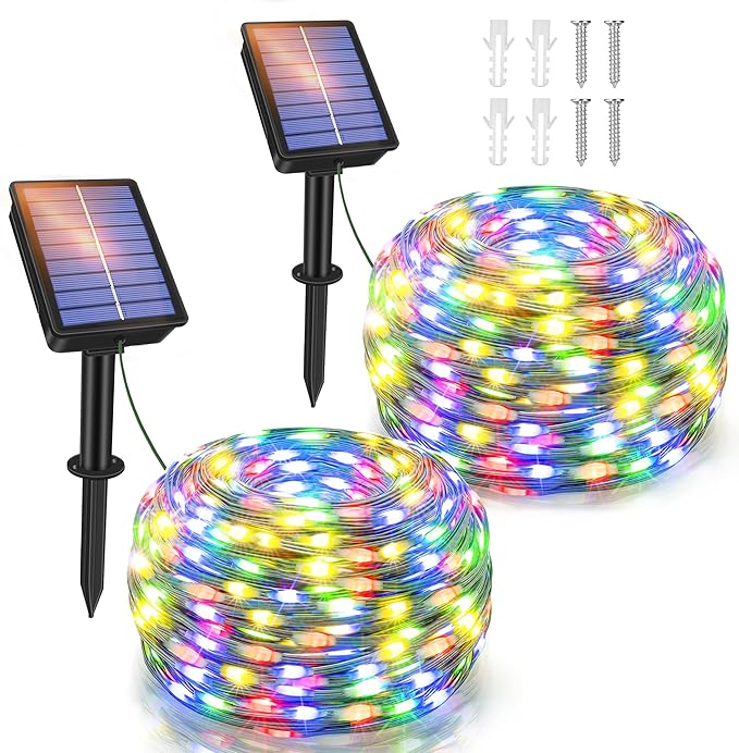 Ollny Solar String Lights Outdoor, 2 Pack Total 80FT 240LED Solar String Lights, 8 Modes IP67 Waterproof Fairy Lights for Outside Yard Garden Holiday Xmas Decorations, Multicolor