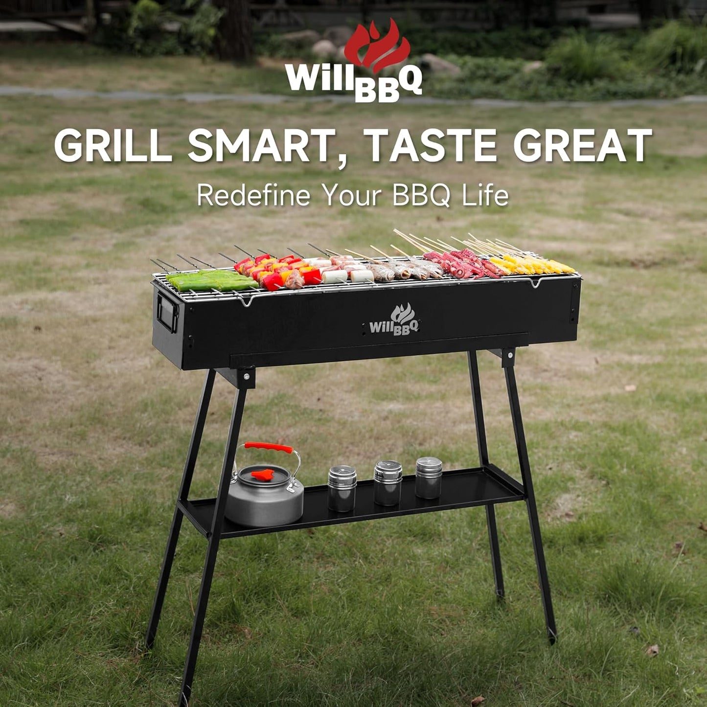 Charcoal Grills Commercial Quality Portable Multiple Size Hibachi BBQ Lamb Skewer Folded Camping Barbecue Grill for Backyard Party Picnic Travel Outdoor Cooking Use(31.6x7.1x5.1 inch),BLACK