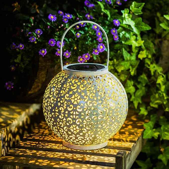 Outdoor Solar Big Lantern Waterproof Hanging Garden Decorative Metal Lights LED Table Lamp,Yard Patio Decor, Christmas Gifts for Mom (White,1Pack)