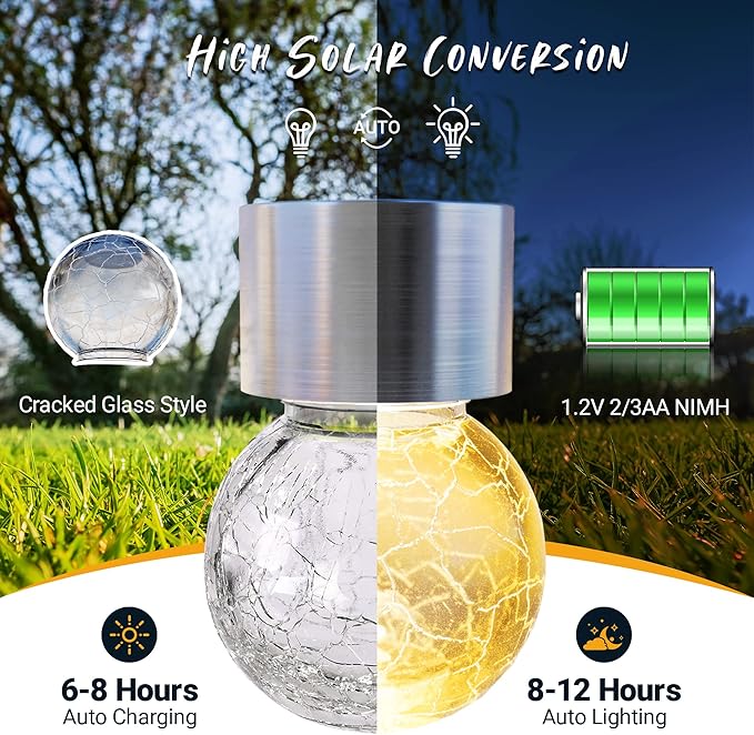GIGALUMI 8 Pack Solar Outdoor Lights, Solar Hanging Lights for Christmas Decoration-Cracked Glass Solar Lights Outdoor Waterproof for Garden, Yard, Fence, Tree（Warm White）
