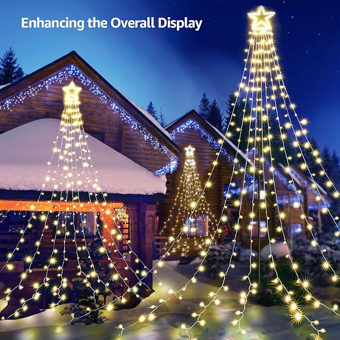 BlcTec Outdoor Christmas Decorations, 317 LED Christmas Lights with 9 Strands 11.9ft Waterfall Christmas Tree Lights, 8 Modes, Waterproof, Topper Star & Timer for Yard Patio Xmas Décor, Warm White