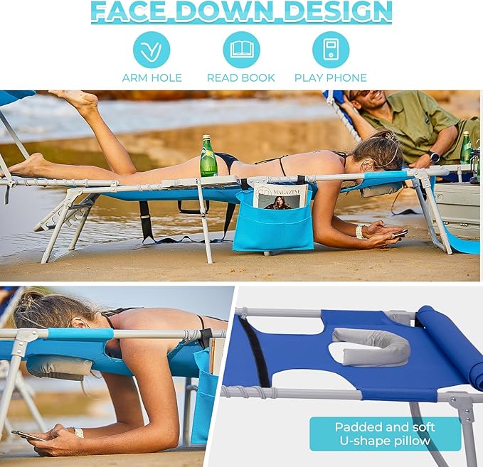 #WEJOY 4 in 1 Tanning Chair with Face Hole & Canopy & Side Table, 5 Positions Adjustable Folding Quick Dry Facedown Chaise Lounge with Pillow for Beach Poolside Outdoor Camping Patio (Darkblue)