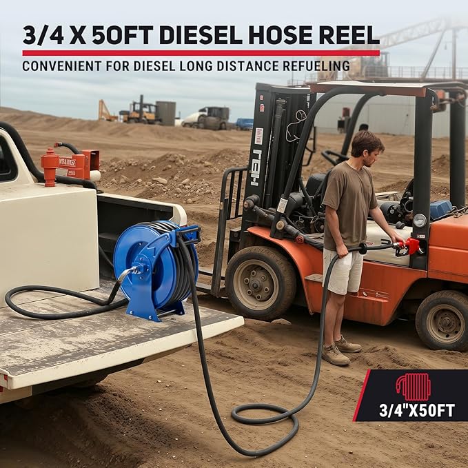 Fuel Hose Reel Retractable with Fueling Nozzle, 3/4" x 50" Heavy Duty Steel, 300PSI Industrial Auto Swivel, Spring Driven Diesel Hose Reel for Construction Farm Ship Vehicle Tank, Blue