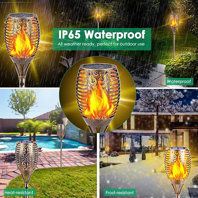 TomCare Solar Torch Lights 99 LED Flickering Flame 43" Decorative Waterproof Solar Powered Pathway Lights for Garden Patio Yard, 4Pack (Bronze)