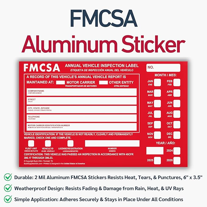 10 Pack Buck Aluminum Annual Vehicle Inspection Label with Punch Boxes, 2 Mil Red FMCSA Self Adhesive Sticker, DOT Compliant, Weatherproof, Tear Resistant, Easy to Write On, 6" x 3.5" - Made in USA