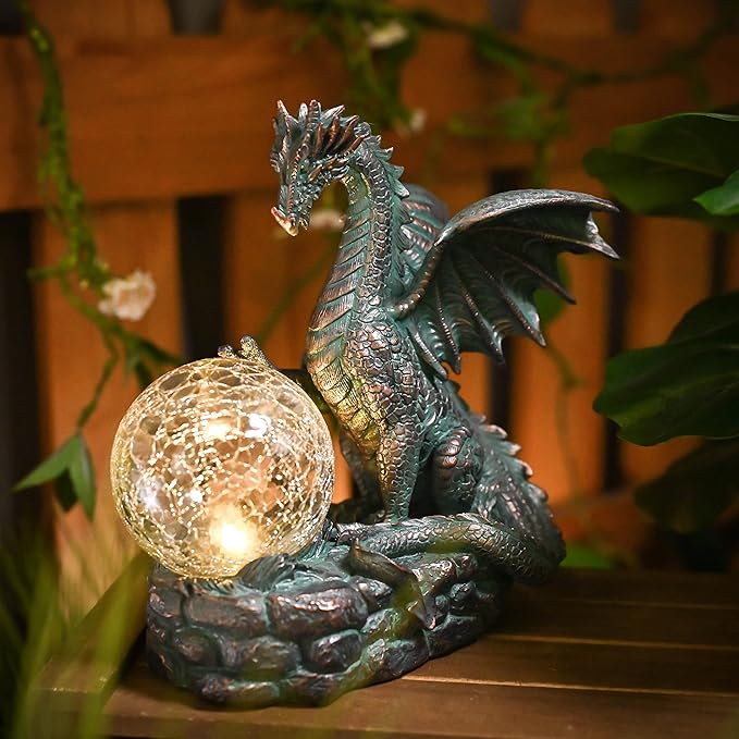 TERESA'S COLLECTIONS Garden Sculptures & Statues, Solar Dragon Outdoor Statues Figurines, Resin Bronze Gothic Garden Decor Lawn Ornaments Patio Yard Decorations Gifts for Mom Women, 8"