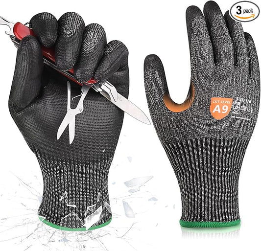 Donfri 3 Pairs A9 Cut Resistant Work Gloves for Men - Steel + HPPE Hybrid Safety Gloves for Men, ANSI Cut Level 9 Protection Flexible for Metal Glass Wood Construction Fishing