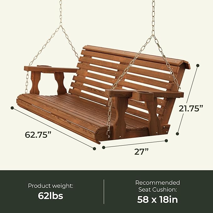 Amish Casual 6 Foot Roll Back Porch Swing with Cup Holders in Semi-Solid White Stain - Amish Made in The USA from Treated Pine Heavy Duty 700 Lb. Weight Capacity