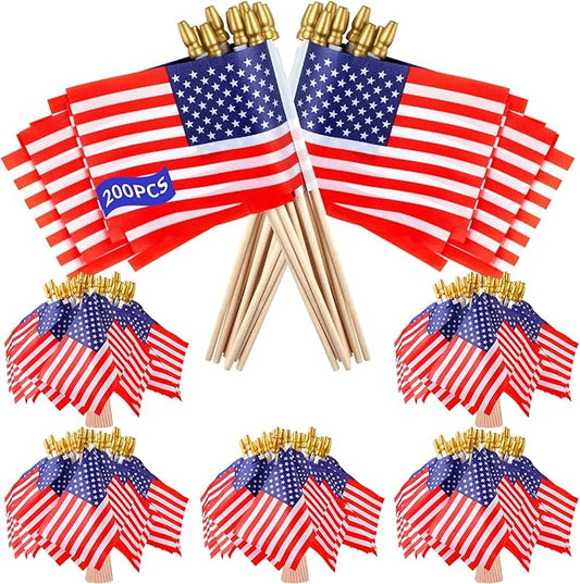 200pcs Small American Flags on Stick, Handheld 8 x 5.5 Inchs Mini American Flags with Kid-Safe Golden Spear Top, US Flags for 4th of July Decorations Outdoor, Independence Day Decorations