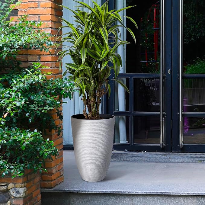 Worth Garden 2-Pack 21" H. White Tall Planters - 14'' Dia Resin Large Round Flower Pots for Outdoor Plants Trees - Imitation Stone Finish Plastic Indoor Front Porch 9 Gallon Decorative Container Patio