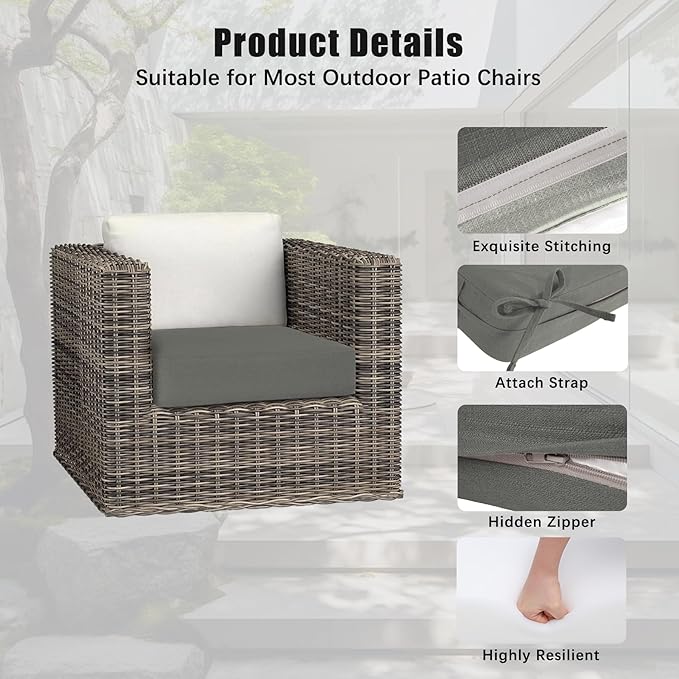 Favoyard Outdoor Chair Cushion 22 x 22 x 3 Inch Rainproof & 3-Year Fade Resistant Patio Furniture Cushions with Removable Cover and Adjustable Ties for Garden Sofa Couch Pads Set of 2, Dark Gray