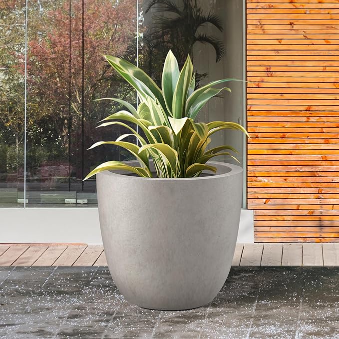 Kante 14 Inch Dia Round Concrete Planter, Indoor Outdoor Large Plant Pot with Drainage Hole and Rubber Plug for Home Patio Garden, Weathered Concrete