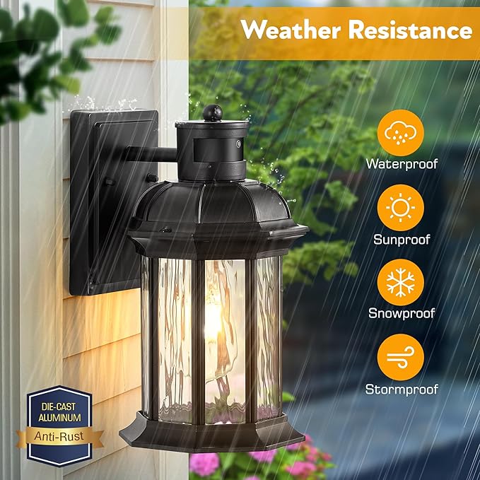 VIANIS Dusk to Dawn Motion Sensor Outdoor Porch Lights, Modern Black Exterior Porch Light Fixtures Wall Mount, Anti-Rust Aluminum Waterproof Wall Lantern With Tempered Ripple Glass For Garage Entryway