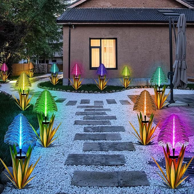 Metal Outdoor Decoration Gift Metal Agave Plants Outdoor Decor, Agave Yard Art Garden Lights Solar Outdoor, 7 Color Changing Garden Yard Pathway Xmas Decor Waterproof (1 pcs Light Green)