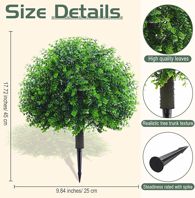 Yunlly 4 Pcs 18 Inch Artificial Boxwood Ball Topiary Tree Fake Outdoor Plants Bush, UV Resistance Faux Shrubs with Spike Realistic Greenery Potted for Indoor Garden Yard Porch Patio Decor (Green)