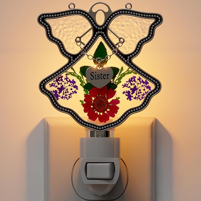 KY&BOSAM Angel Sister Night Light Flower in Glass with Metal Trim Sister Heart Night Light Nursery Bedroom Bathroom Decorative Accent Lite Elegant Home Decoration, Guardian Butte