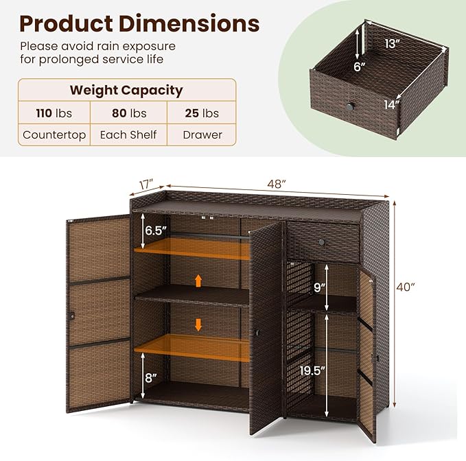 Tangkula Rattan Outdoor Storage Cabinet, Patiojoy Outdoor Cabinet with 4 Adjustable Shelves, 1 Drawer, 3 Doors, Patio Storage Deck Box Table for Patio Garden Poolside (Mix Brown)