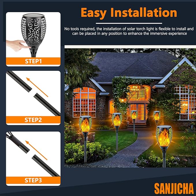 Upgraded 8 Pack Super Larger Size Solar Flame Torch Extra Bright Tiki Lights Outdoor Decorative with Flickering Flame, Solar Outdoor Lights Waterproof for Garden Pathway Yard Party, Auto On and Off