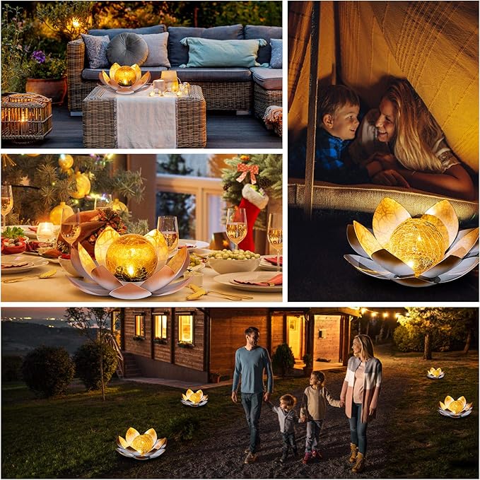 Garden Solar Lights Outdoor(2Pack) , Amber Crackle Globe Glass Lotus Decoration , Waterproof Orange Metal LED Flower Lights for Patio,Lawn,Walkway,Tabletop,Ground, Garden Gifts for Women