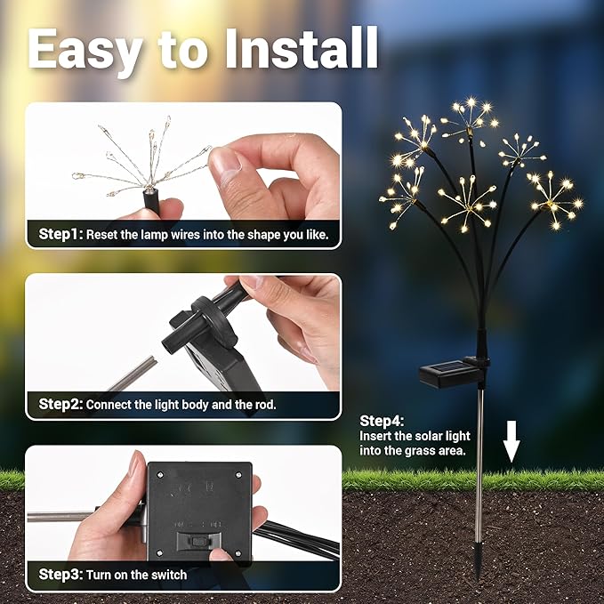 Solar Garden Decor Lights Outdoor, Solar Powered Lights Waterproof for Yard Patio Porch Flowerbed, Fairy Gardening Supplies Gifts Firwork(6 Pack Warm White)