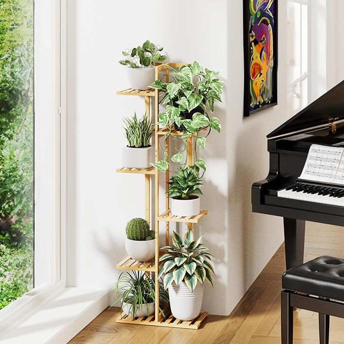ROSSNY Plant Stand Indoor, 6 Tier 7 Potted Bamboo Plant Stands for Indoor Plants, Corner Plant Stand, Plant Shelf For Indoor, Tiered Plant Stands, 48 Inch Talll Indoor Plant Holder, Natural