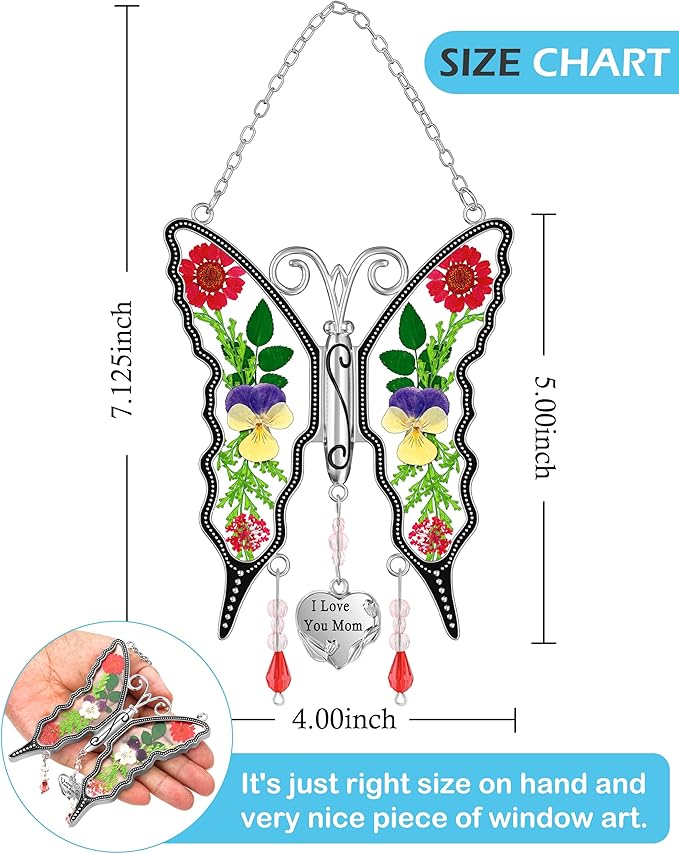 KY&BOSAM Gifts for Mom Butterfly Suncatcher Mom Gifts Mothers Day I Love You Mom Stained Glass Sun Catcher for Window Hangings Wind Chime Ornament Birthday Gift for Mother`s Day Valentine`s Christmas