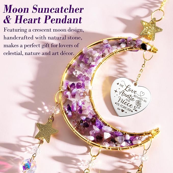 Aunt Gifts from Niece, for Aunt Auntie Gifts, Best Aunt Ever Gifts Aunt Birthday Gifts for Auntie, Auntie Gifts for Women Moon Crystal Suncatcher for Window Hanging Wall Decor