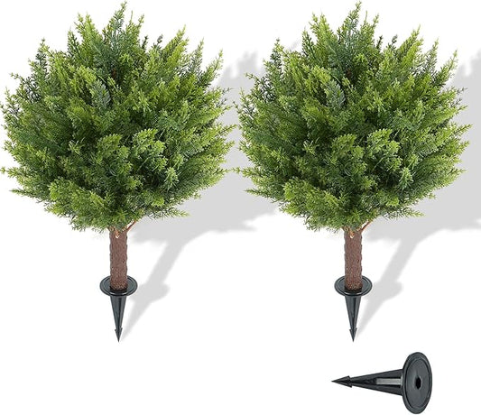 Artificial Cedar Shrub Ball Trees Two 15.8inch with Ground Spikes, can be Planted in The Ground and in pots, Outdoor Artificial Plants Resistant to UV Rays