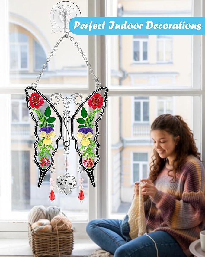 KY&BOSAM Butterfly Suncatcher I Love You Friend Stained Glass Butterfly Suncatchers Hanging for Window Wind Chime Car Charms Gifts for Friend Mother`s Day Valentine's Birthday Christmas Thanksgiving