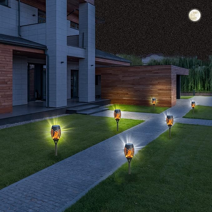 12Pack Solar Torch Lights with Flickering Flame Upgraded, Security&Waterproof Solar Lights Outdoor Landscape Decoration, Mini Solar Tiki Torches for Yard,Garden,Patio, Pathway Decor-Auto On/Off