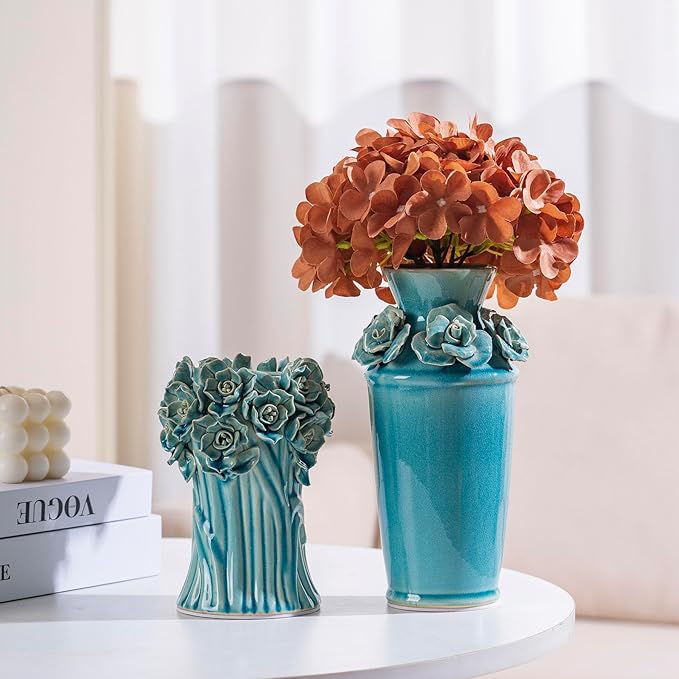 Handmade Blue Ceramic Vase with 3D Flowers, Blue Bud Wedding Bouquets Vases for Centerpieces, Vintage Floral Vase for Home Cottage Core Decor, Decorative Vases for Living Room, Housewarming Gift 6.6In