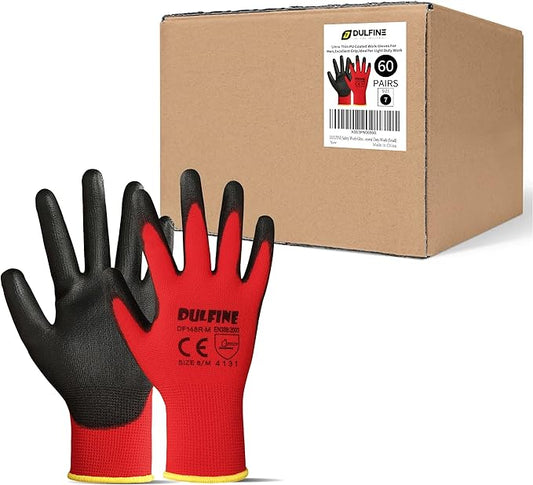 DULFINE Safety Work Gloves PU Coated-60 Pairs,Red Seamless Knit Glove with Polyurethane Coated Smooth Grip on Palm & Fingers, for Men and Women, Ideal for General Duty Work (Large)