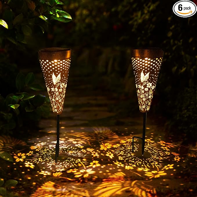 DIBIEECN 6 Pack Hummingbird Solar Pathway Lights Outdoor,Metal Garden Decorations Outdoor Lights with Patterns and Warm Light,Waterproof Landscape Lighting for Path Patio Backyard Walkway Yard