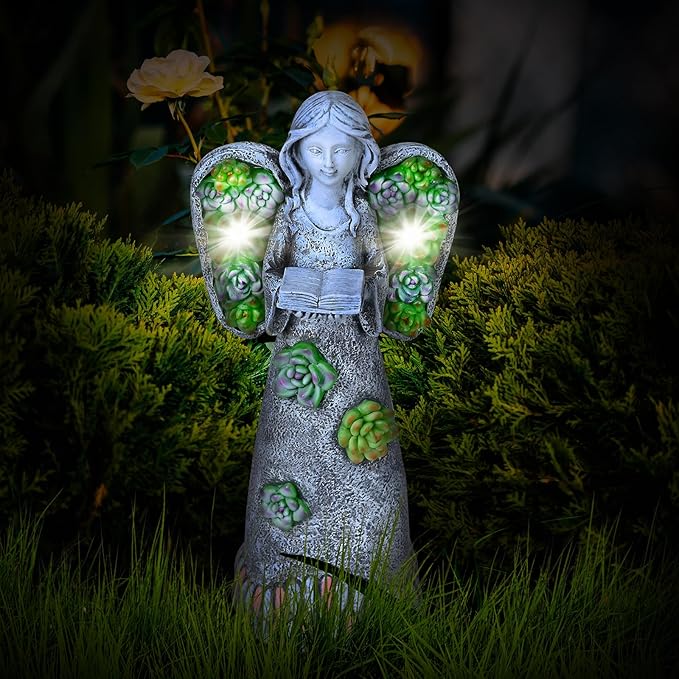 Garden Angels Statue-Solar Angel Statues Cemetery Decoration- Outdoor Memorial Pray Angels Figurine for Patio Lawn Yard Porch Decorations,10.24 Inches