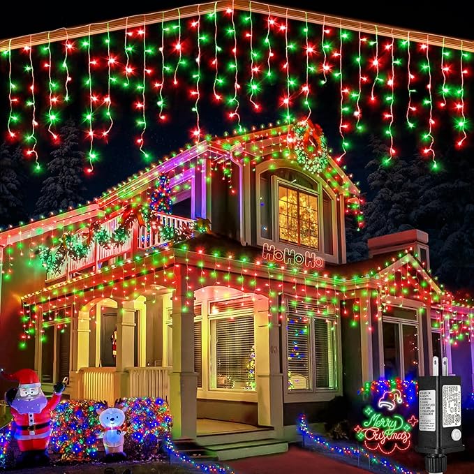 33ft Icicle Lights for Outside, Red and Green Christmas Lights Outdoor Indoor, 400 LED Twinkle String Lights with 75 Drops, Clear Wire Short Curtain Lights for Thanksgiving Room Home Wall Bedroom