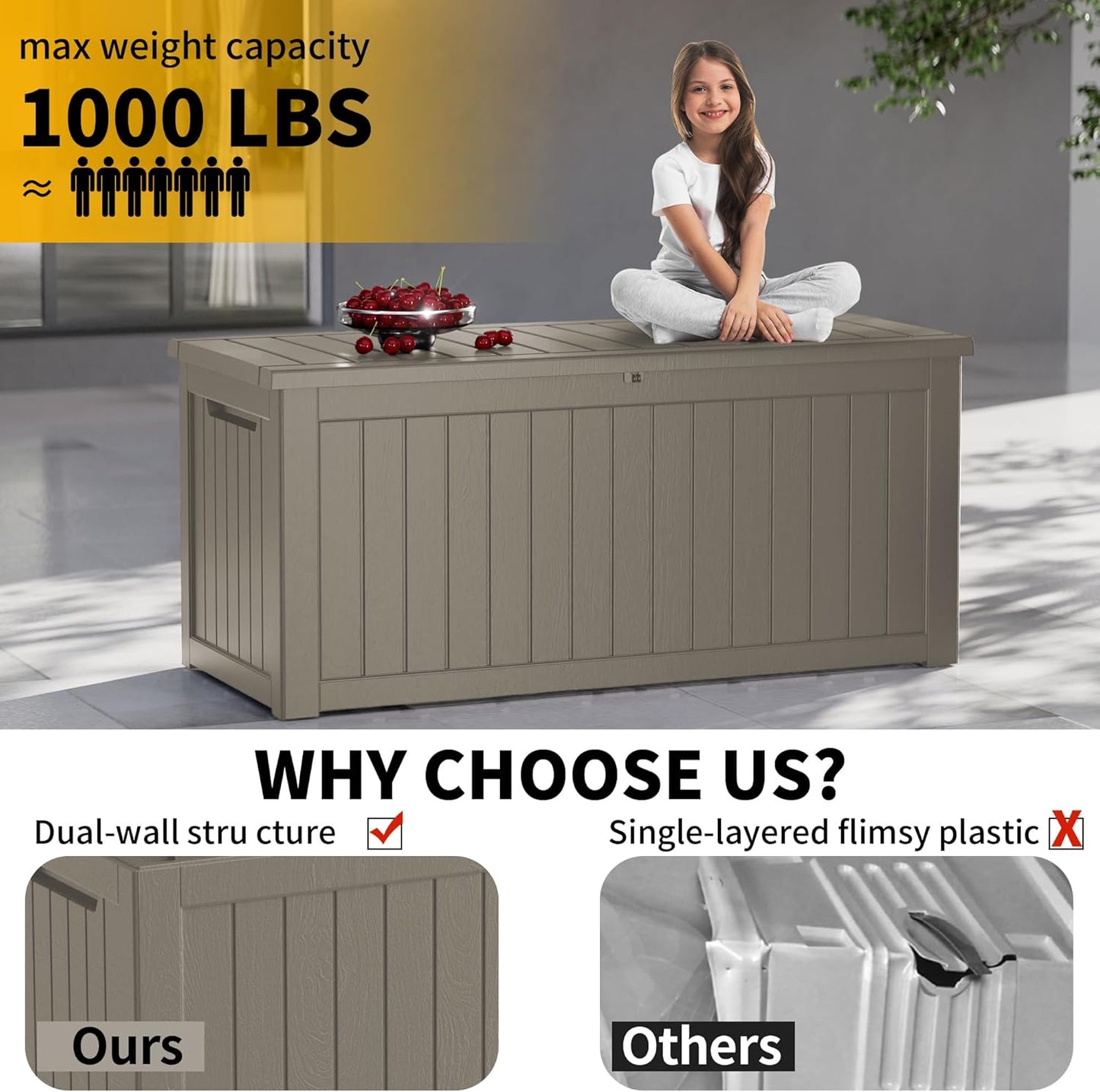 270 Gallon Waterproof Large Resin Deck Box Indoor/Outdoor Lockable Storage Container and Seating for Garden, Pool, and Patio (270 Gallon, Grey)