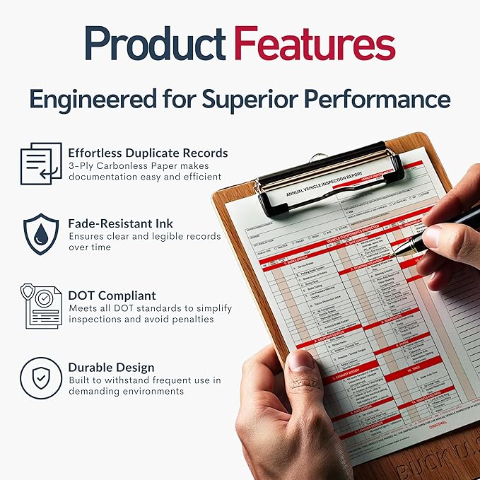 50 Pack 3-Ply Carbonless Annual Vehicle Inspection Report Forms with FMCSA Red Aluminum Labels & White Mylar Laminate Vinyl Labels, DOT Inspection Forms and Stickers, Shrink-Wrapped, 8.5" x 11.75"