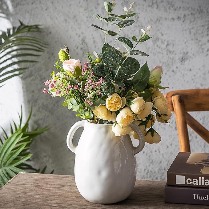 Kimdio White Ceramic Vase with 2 Handles, Modern Farmhouse Vases for Home Decor, Rustic Pottery Vase, Decorative Terracotta Flower Vase, Clay Small Vase, Centerpieces for Dining Table