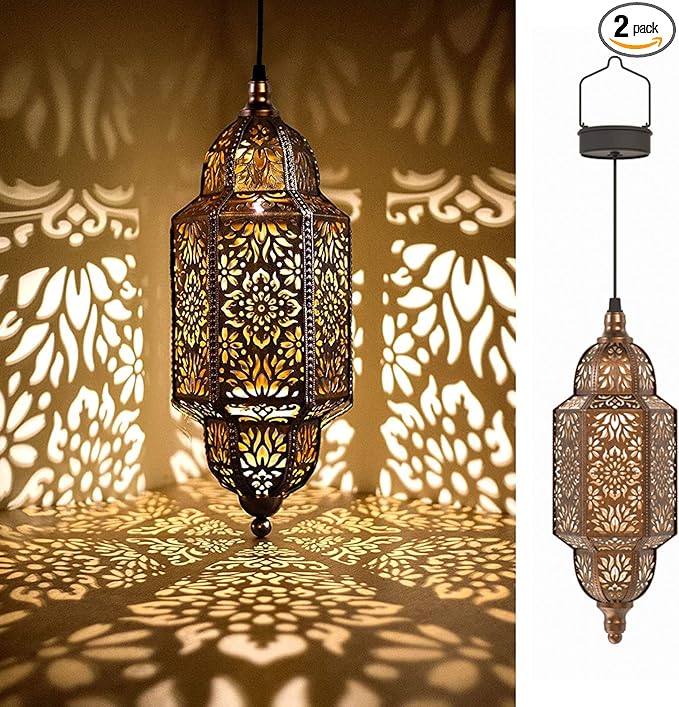 Twinkya 2 Pack Hanging Solar Lights Outdoor Garden Decorative Solar Lantern Waterproof Metal Moroccan Outdoor Decorations for Patio Pathway Yard Porch Backyard Garden Decor (Gold, 2 Pack)