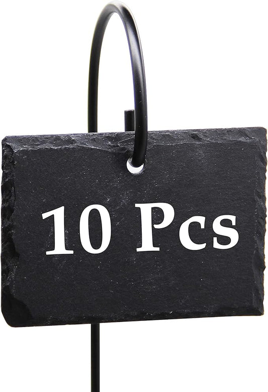 FORUP Plant Labels, 10pcs Garden Markers Signs Labels, Weatherproof Reusable Natural Slate Hanging Tags on Stainless Steel Metal Rod for Flower Bed, Pots, Planters